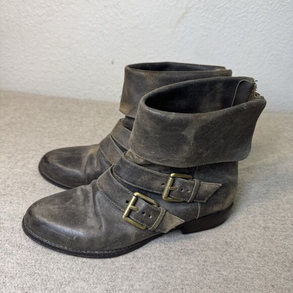 Kors Michael Kors Boots 9 Women Brown Leather Moto Buckle Distressed Y2K Boho - Picture 1 of 9